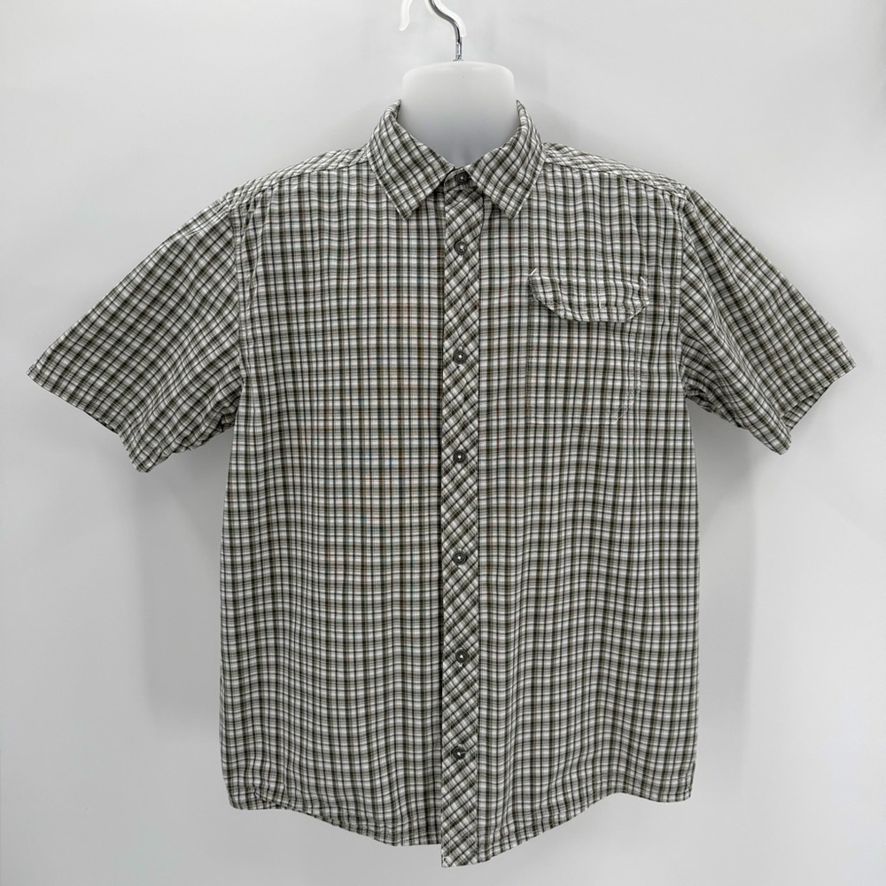 Under Armour Shirt Mens L Green Plaid Hiking Trail Camp Outdoors Button Up -HOLE